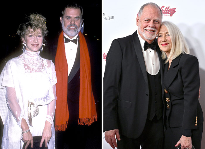 Side-by-side photos of celebrity couples dressed elegantly, illustrating lasting love and enduring relationships.