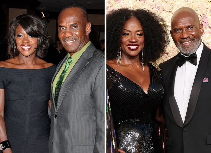 Two elegant celebrity couples smiling at events, showcasing lasting love and relationship commitment over time.