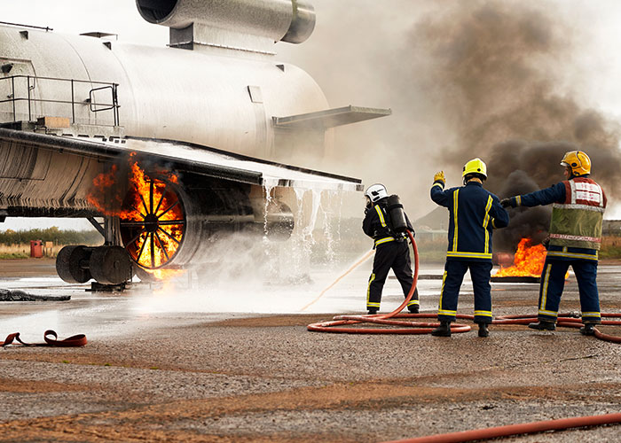 Firefighters in protective gear spraying foam on a chaotic aircraft fire scene with thick smoke in the background.