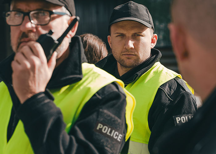 Police officers in high-visibility vests managing a chaotic scene witnessed by multiple people outdoors during daytime.