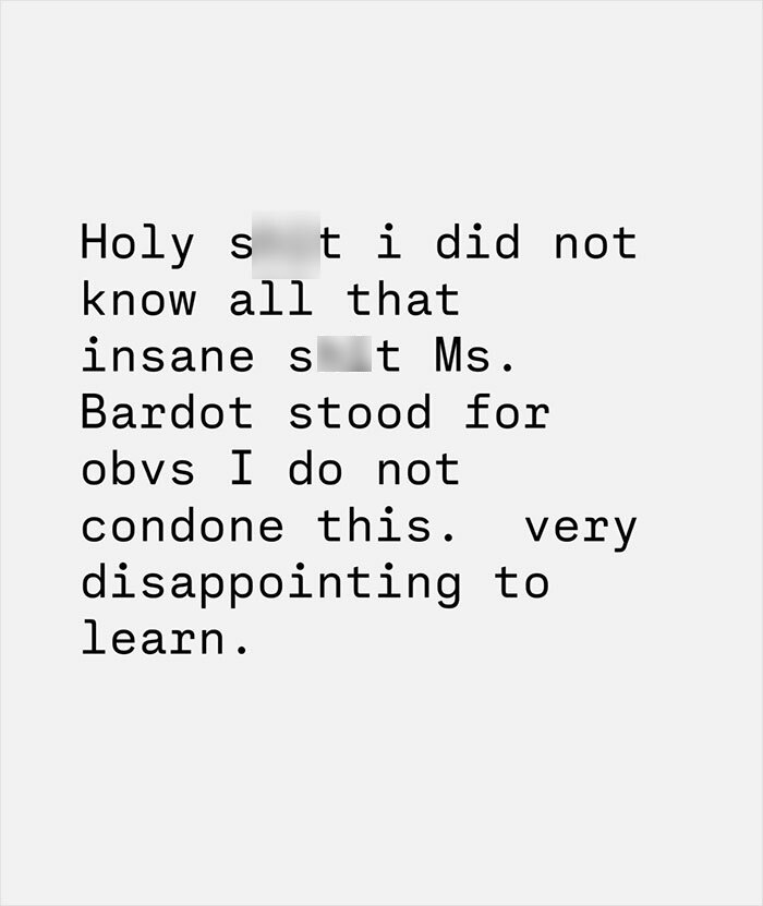Text message with censored expletives expressing shock and disappointment about Brigitte Bardot, related to Chappell Roan backlash.