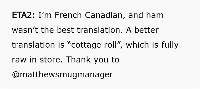 Text excerpt explaining ham translation from a French Canadian, related to vegetarian host and Christmas family reaction. Text excerpt explaining ham translation from a French Canadian, related to vegetarian host and Christmas family reaction.