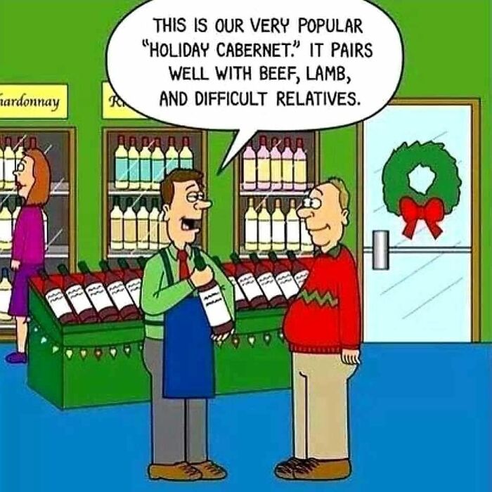 Two men in a wine store with holiday decorations, one holding a bottle labeled holiday cabernet in a funny Christmas memes cartoon.