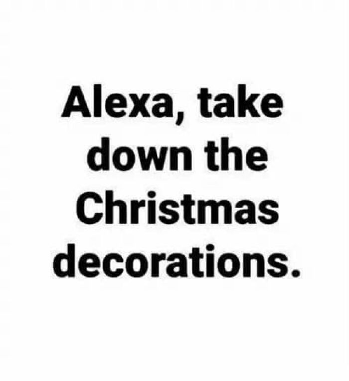 Funny Christmas meme text saying Alexa, take down the Christmas decorations in bold black font on white background.
