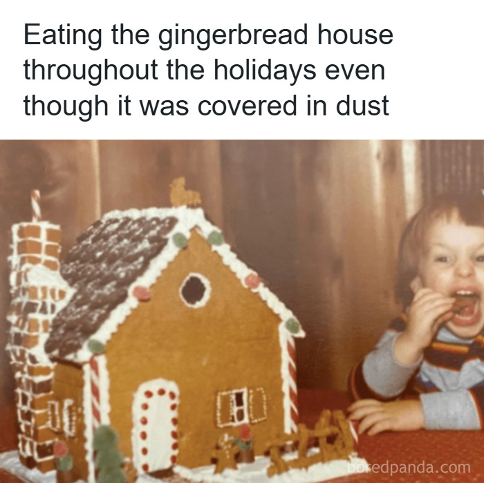 Young child eating a gingerbread house covered in dust during holidays, a funny Christmas meme about holiday treats.
