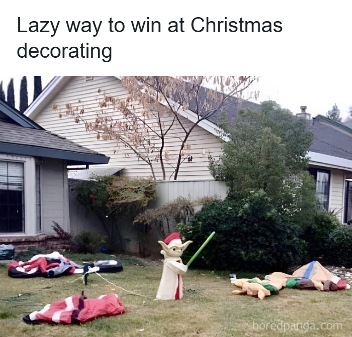 Inflatable Yoda holding a green lightsaber among deflated Santa and reindeer decorations in a humorous Christmas meme scene.
