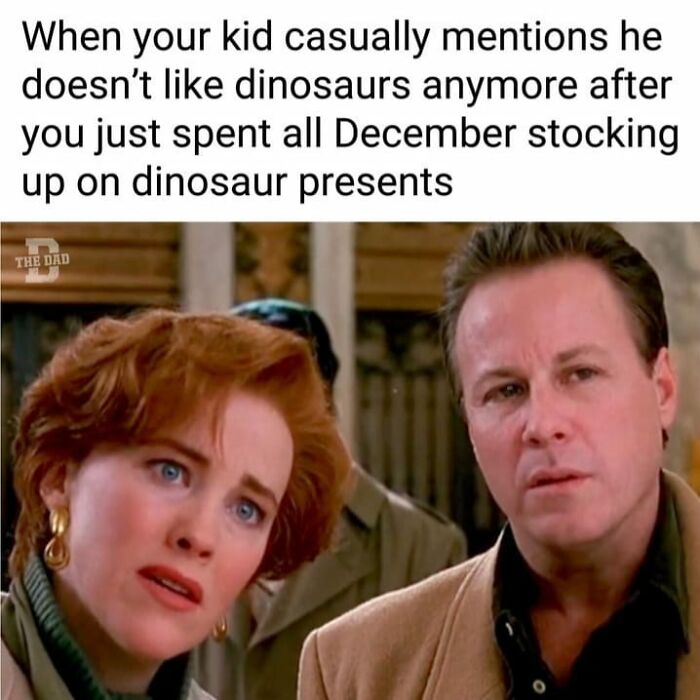 Adults looking confused after their kid says he doesn't like dinosaurs, a funny Christmas meme about gift disappointment.