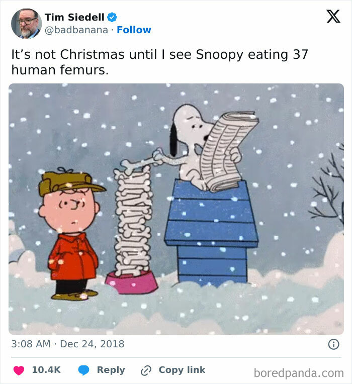 Cartoon of Snoopy eating bones with Charlie Brown watching in snowy scene, a funny Christmas meme for holiday laughs.