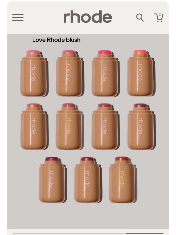 Multiple shades of Rhode blush sticks arranged in a grid on a light background showcasing popular Christmas gift ideas.