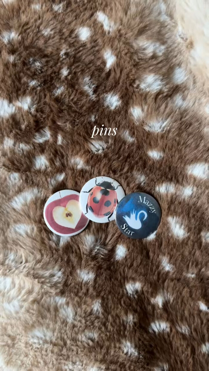 Three decorative pins with apple, ladybug, and swan designs displayed on soft brown and white spotted fabric Christmas gifts.