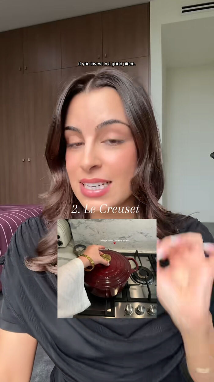 Woman recommending Le Creuset cookware as a highly rated Christmas gift that people can't recommend more.