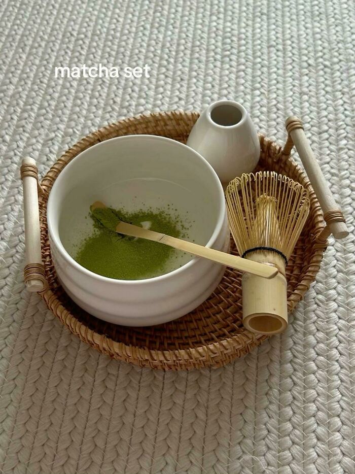 Matcha set with whisk, scoop, and bowl on a woven tray, a popular Christmas gift people highly recommend.