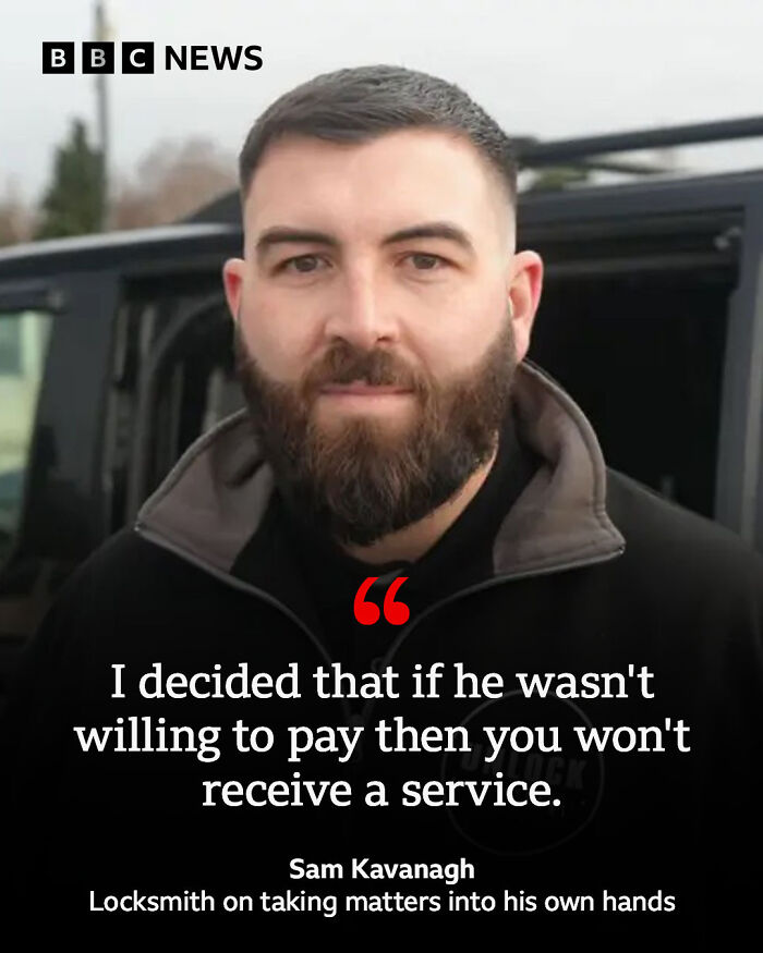 Man with beard in front of vehicle, featured in local newspaper titles about the world going mad.