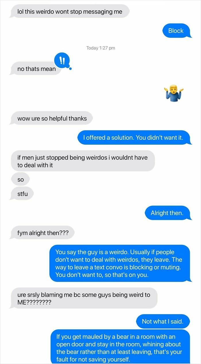 Text message conversation showing entitlement with someone refusing to block a persistent contact, illustrating entitled person behavior.