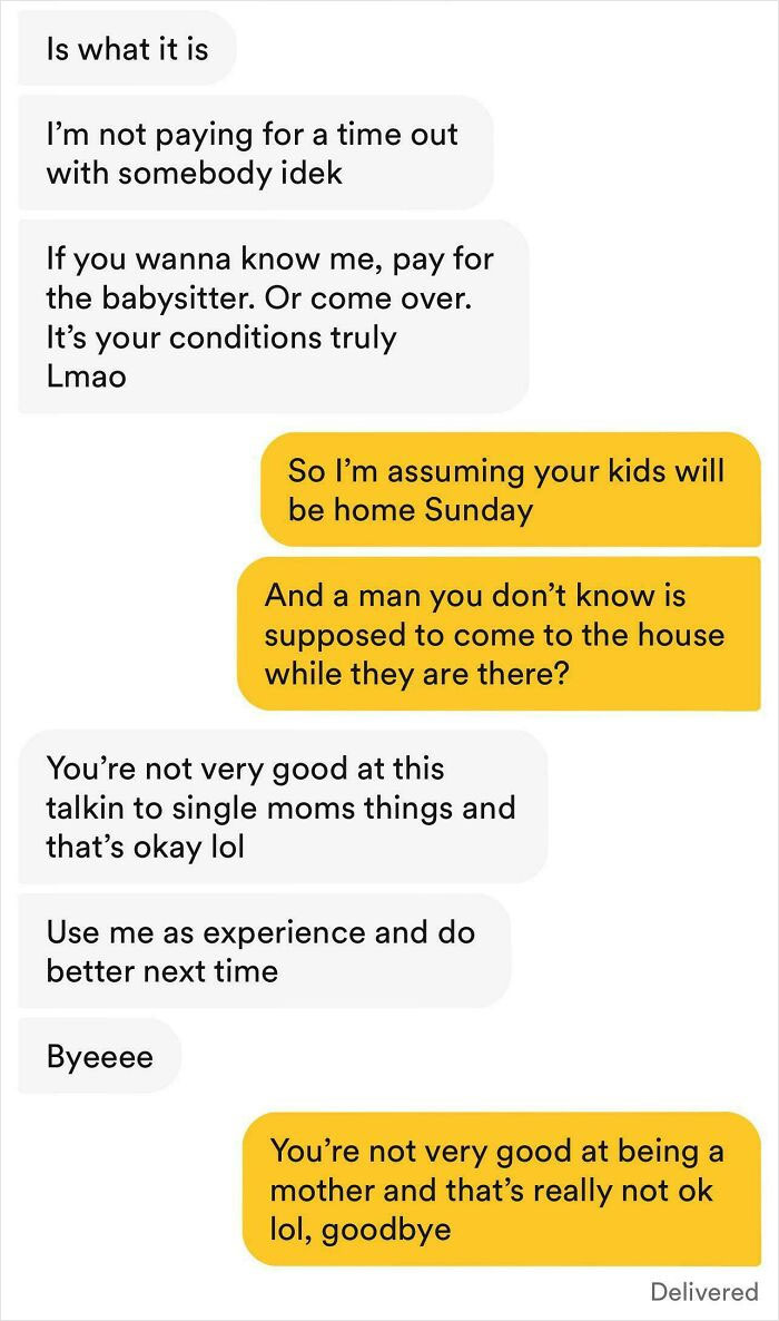 Text message exchange showing entitled conversation about babysitting and parenting, highlighting most entitled person behavior in 2025.