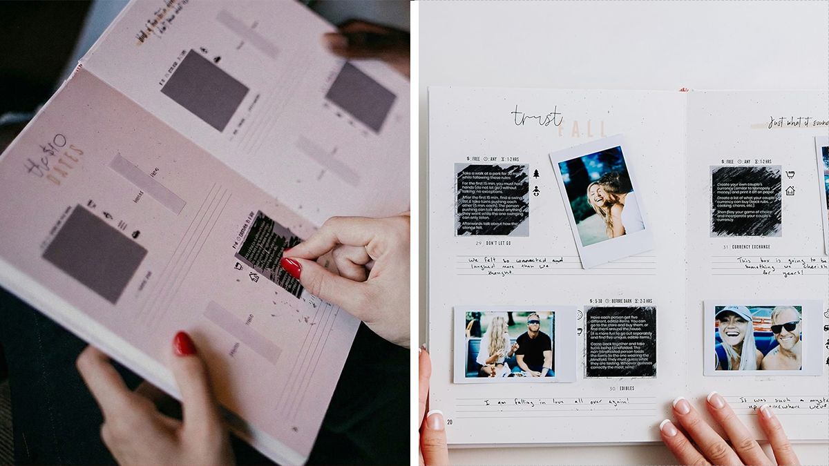 Hands holding and viewing a coupleu2019s date night ideas journal with photos and notes to keep connection strong.