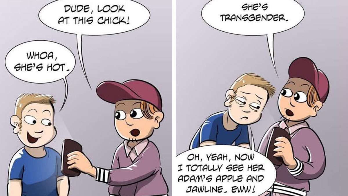 Comic panel by Sophie Labelle depicting two characters discussing and learning about transgender identity and LGBTQ+ topics.
