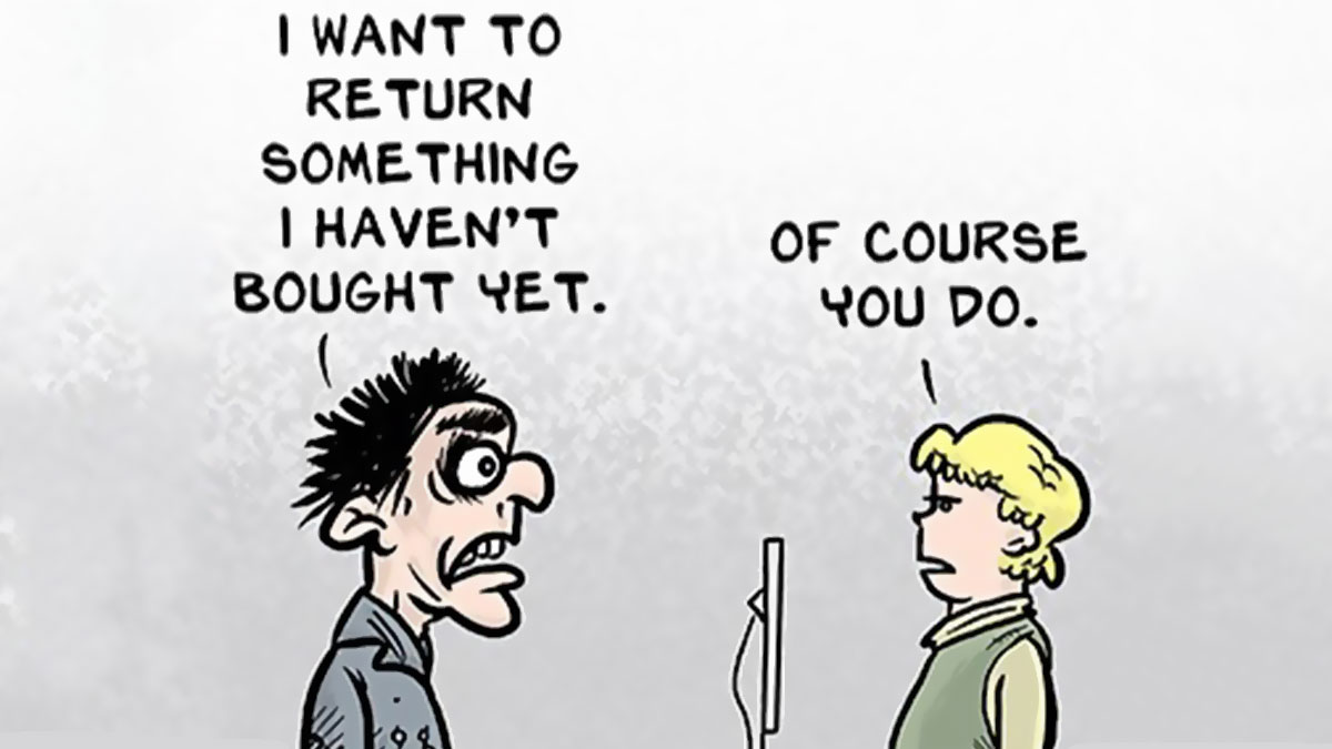 Comic depicting relatable chaos of working in retail with a confused customer and an unamused employee at the register.