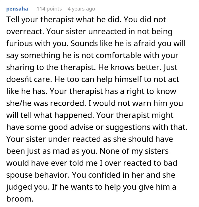 Comment discussing concerns about recording private therapy sessions and reactions to the situation. Comment discussing concerns about recording private therapy sessions and reactions to the situation.