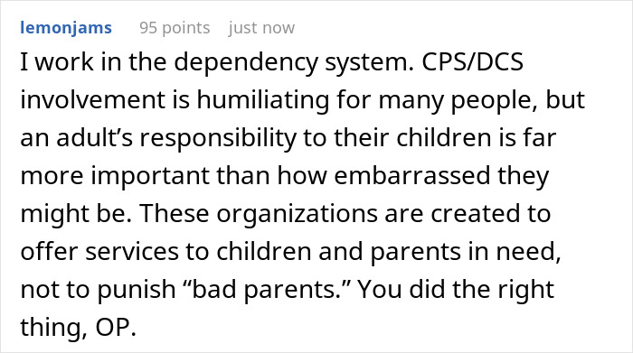 Screenshot of a Reddit comment explaining the importance of CPS involvement despite feelings of guilt after reporting a coworker&rsquo;s child.