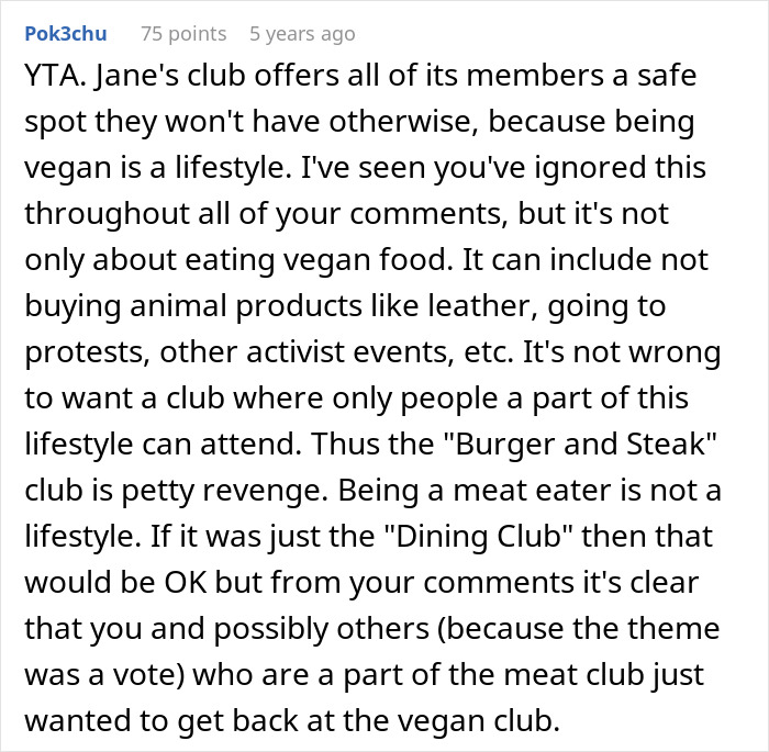 User comment discussing employee pushback against vegan-only club and starting literal beef in the workplace conflict. User comment discussing employee pushback against vegan-only club and starting literal beef in the workplace conflict.