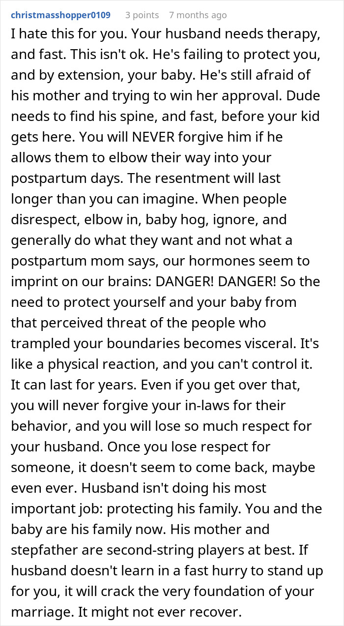 Comment text discussing husband’s failure to stand up to his mother, causing wife to consider walking away from marriage.
