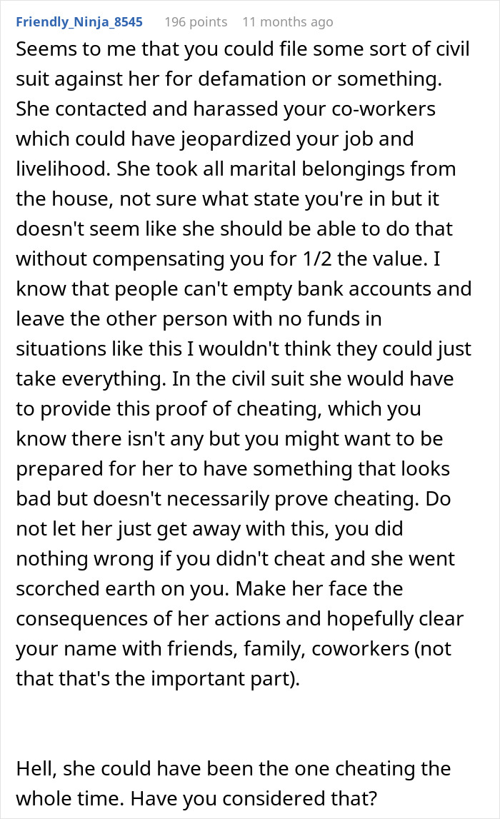 Reddit comment discussing wife of 10 years ruining husband’s reputation with false cheating claims and legal advice. Reddit comment discussing wife of 10 years ruining husband’s reputation with false cheating claims and legal advice.