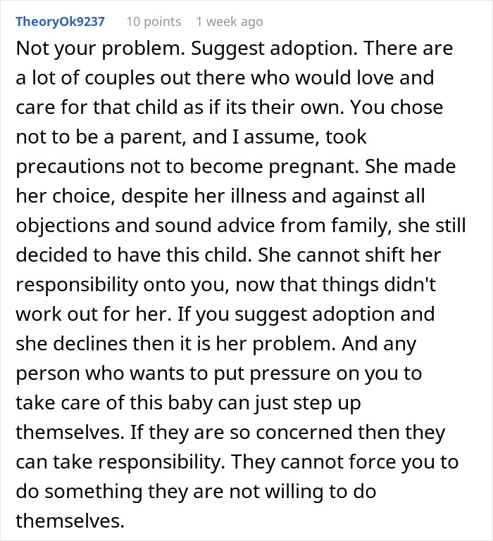 Comment discussing a childfree woman refusing responsibility for her sister’s new baby and adoption suggestions. Comment discussing a childfree woman refusing responsibility for her sister’s new baby and adoption suggestions.