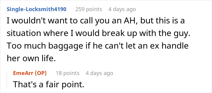 Reddit comment discussing a guy going above and beyond for his ex and his current partner&rsquo;s reaction.