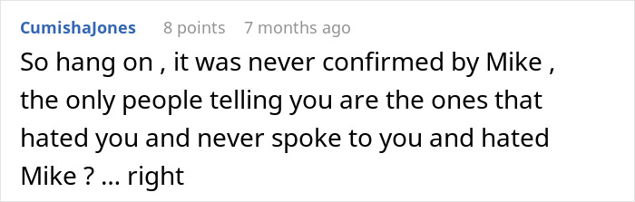 Text of a comment discussing someone named Mike, questioning confirmation and accusations, in an online forum setting. Text of a comment discussing someone named Mike, questioning confirmation and accusations, in an online forum setting.