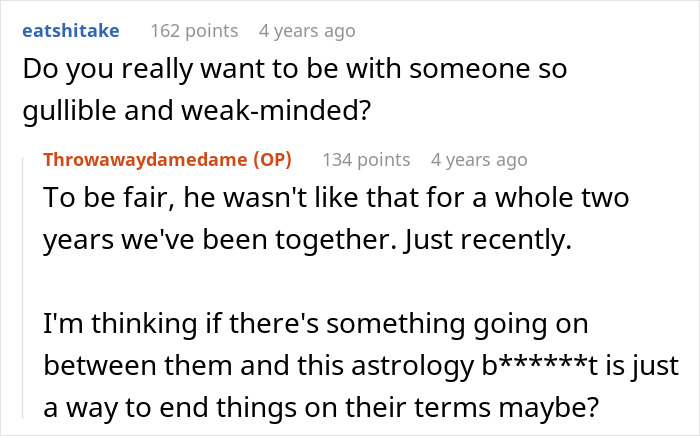 Screenshot of an online discussion about a woman dumping her cheating boyfriend and astrology-related drama involving a Cancer sign.