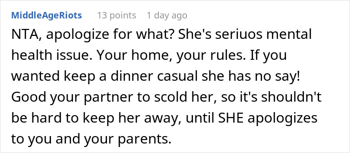 Comment discussing a woman hosting a casual Christmas dinner and her toxic mother-in-law causing conflict. Comment discussing a woman hosting a casual Christmas dinner and her toxic mother-in-law causing conflict.