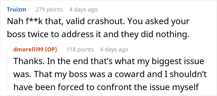 Screenshot of a Reddit conversation about a man blasting Christmas music in the office causing coworker to rage quit.