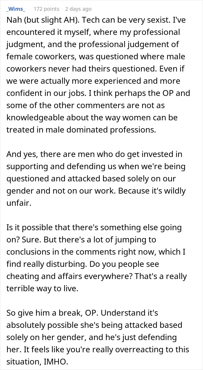 Text comment discussing experiences of misogyny in tech, highlighting support for female colleagues in male-dominated professions. Text comment discussing experiences of misogyny in tech, highlighting support for female colleagues in male-dominated professions.