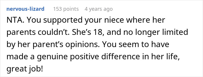Comment on aunt pay niece tummy tuck drama supporting niece’s decision despite parents’ objections, highlighting positive impact.