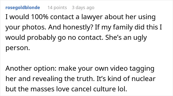 Comment discussing legal action and family issues after sister builds TikTok fame by lying about her. Comment discussing legal action and family issues after sister builds TikTok fame by lying about her.