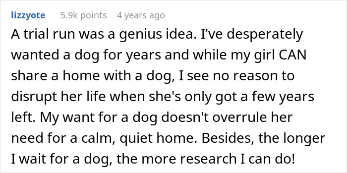 Text post about a woman upset her girlfriend won’t let her get a dog due to her old cat’s needs. Text post about a woman upset her girlfriend won’t let her get a dog due to her old cat’s needs.