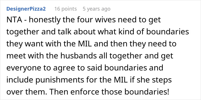Comment discussing women setting boundaries with MIL and enforcing them to prevent surprise visits and issues. Comment discussing women setting boundaries with MIL and enforcing them to prevent surprise visits and issues.