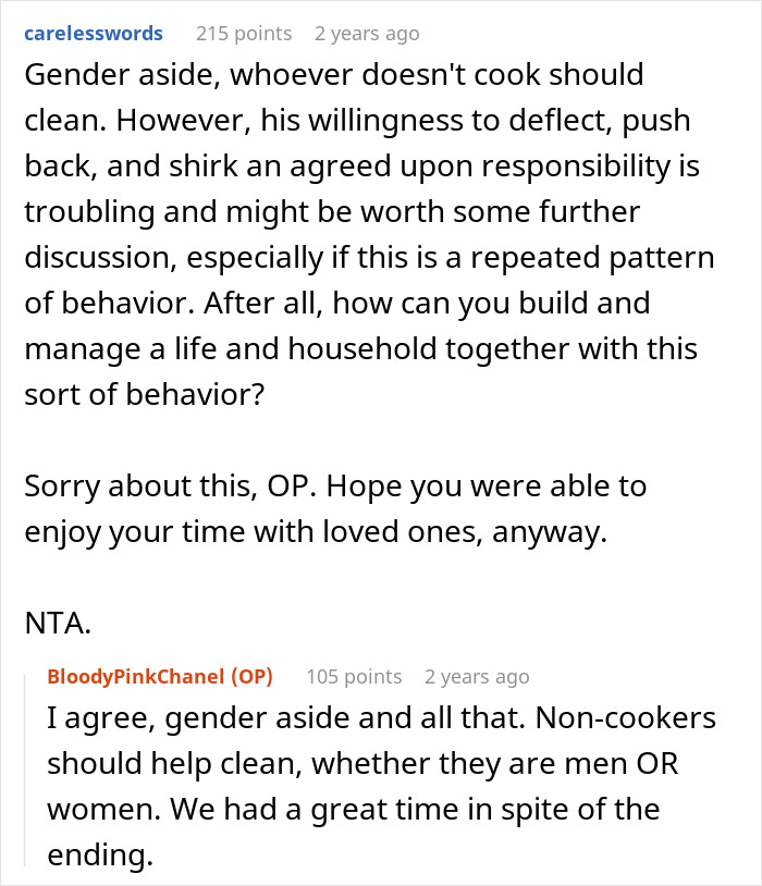 Commenters discuss hubby backing out of cleaning after Thanksgiving meal and the importance of shared household responsibilities. Commenters discuss hubby backing out of cleaning after Thanksgiving meal and the importance of shared household responsibilities.