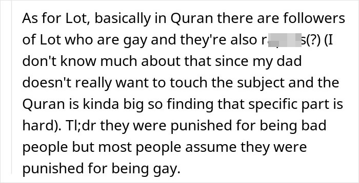 Text excerpt explaining Quranic followers of Lot, addressing secretly gay teen and homophobic parents with a lesson on respect. Text excerpt explaining Quranic followers of Lot, addressing secretly gay teen and homophobic parents with a lesson on respect.