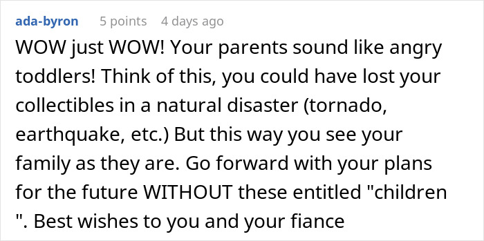 Screenshot of a comment discussing a man cutting off parents after their revenge due to his plans for a small wedding.
