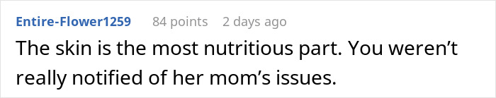 Screenshot of a Reddit comment discussing the nutrition of baked potato skin and a fiancée’s mother’s reaction.