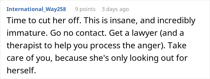 Screenshot of a Reddit comment advising to cut off contact and seek legal and therapeutic help amid family betrayal on TikTok.