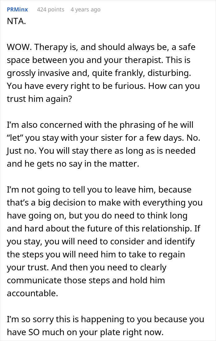 Comment text about a man recording his wife’s private therapy sessions out of concern, causing trust and privacy issues. Comment text about a man recording his wife’s private therapy sessions out of concern, causing trust and privacy issues.