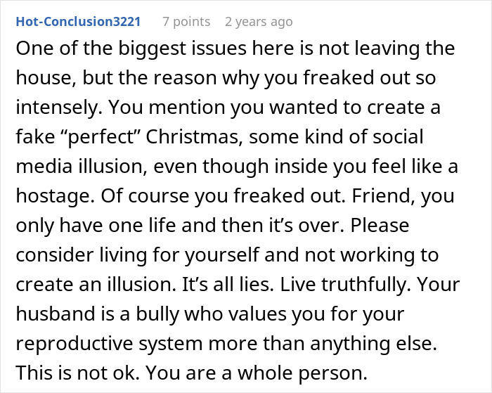 Comment about a mom feeling trapped during Christmas trying to create a perfect holiday, highlighting parental trauma and wake-up call.