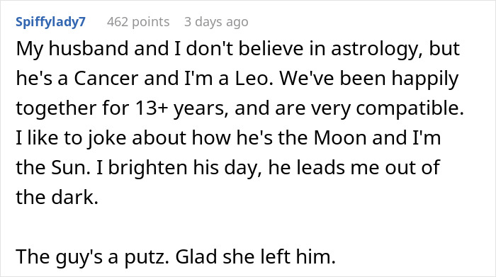 Comment about Cancer boyfriend and astrology in a breakup, blaming cheating on astrological signs and compatibility.