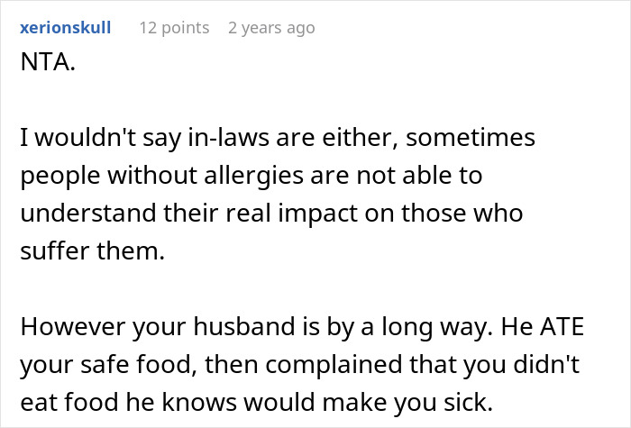 Screenshot of an online comment discussing a husband and family dealing with a woman&rsquo;s picky eating and allergies.