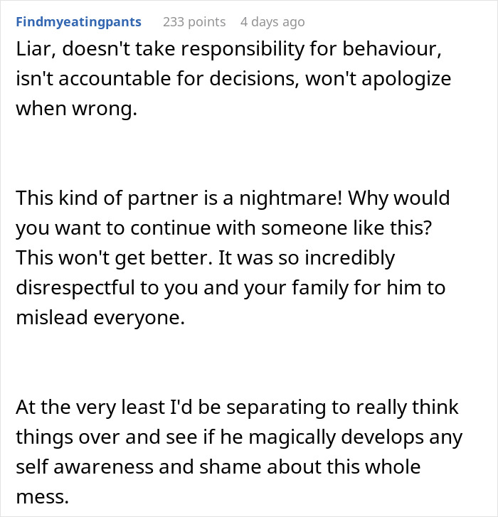 Text conversation criticizing a fiancé’s lie about family, highlighting issues with trust and engagement doubts.