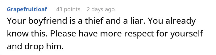 Screenshot of a social media comment warning a woman about her boyfriend amid Christmas gifts being the missing items earlier.