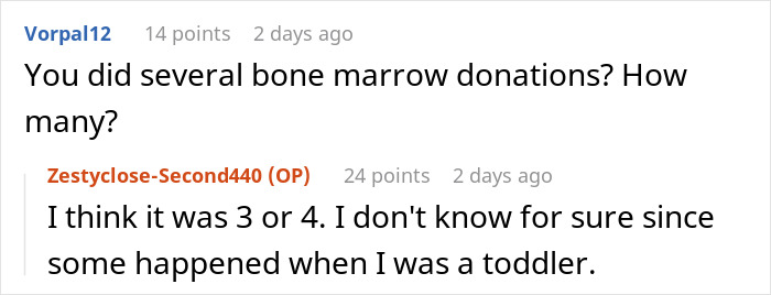 Text conversation about a woman discussing multiple bone marrow donations made as a sacrifice for her brother. Text conversation about a woman discussing multiple bone marrow donations made as a sacrifice for her brother.